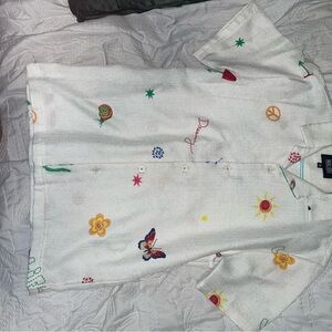 White Button-Up Shirt with Colorful Embroidery